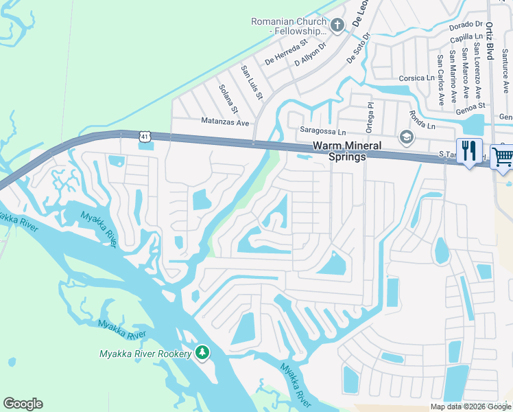 map of restaurants, bars, coffee shops, grocery stores, and more near 574 Portside Drive in North Port