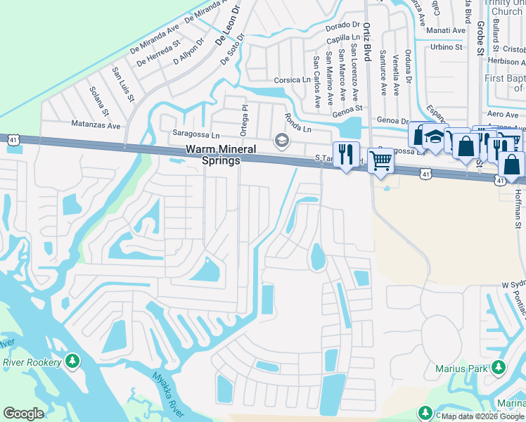 map of restaurants, bars, coffee shops, grocery stores, and more near 209 Marlette Drive in North Port