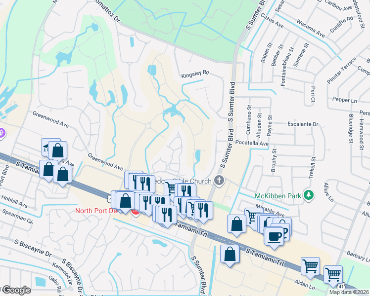 map of restaurants, bars, coffee shops, grocery stores, and more near 5364 Linksman Place in North Port