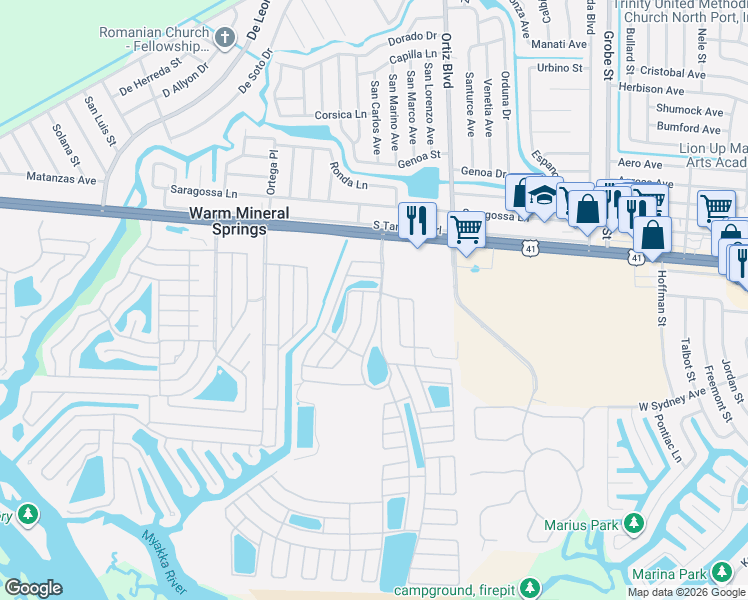 map of restaurants, bars, coffee shops, grocery stores, and more near 200 El Prado in North Port