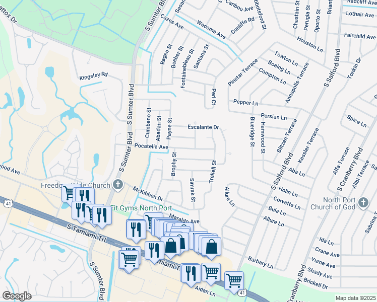 map of restaurants, bars, coffee shops, grocery stores, and more near 4435 Pocatella Avenue in North Port