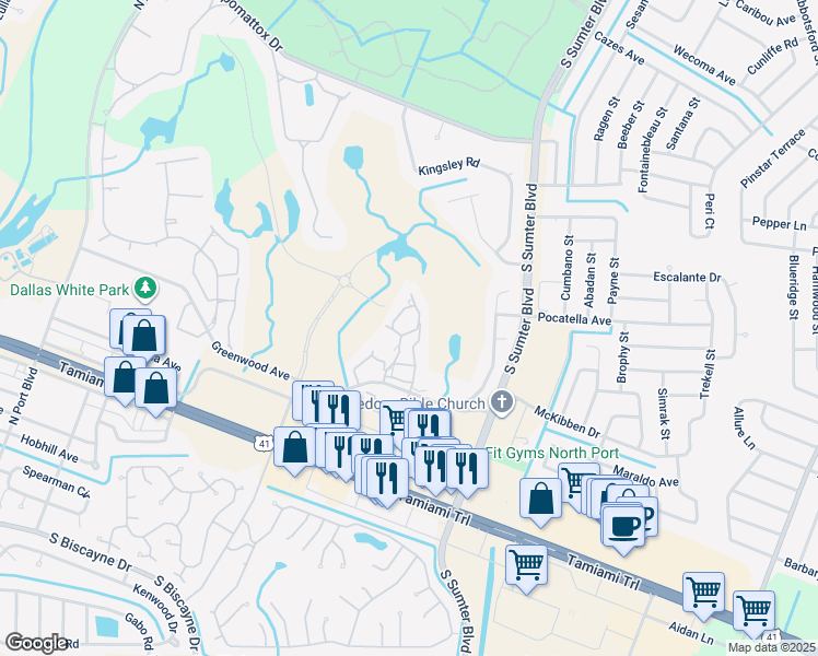 map of restaurants, bars, coffee shops, grocery stores, and more near 5364 Linksman Place in North Port