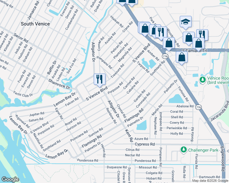 map of restaurants, bars, coffee shops, grocery stores, and more near 640 Porpoise Road in Venice
