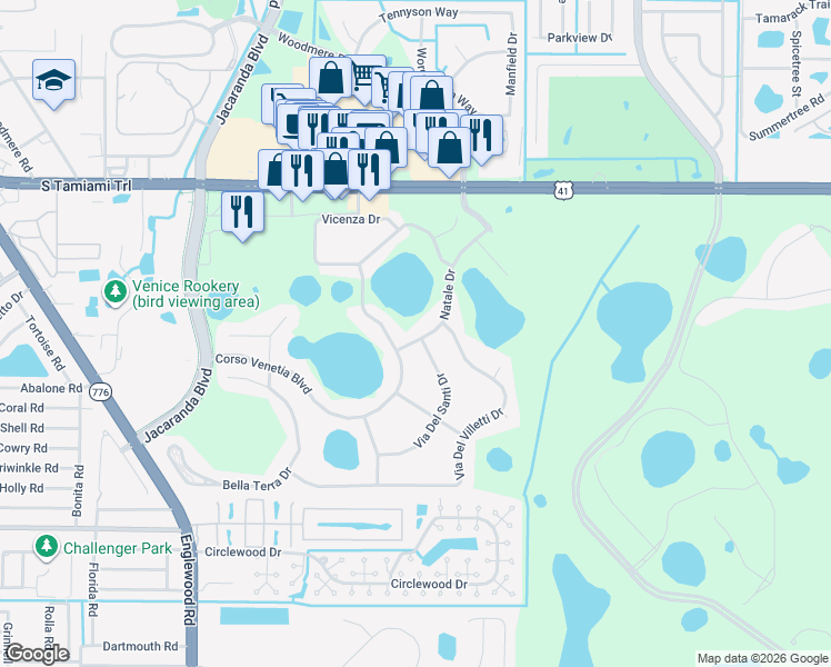 map of restaurants, bars, coffee shops, grocery stores, and more near 4358 Natale Drive in Venice