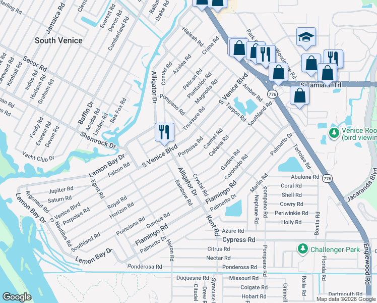 map of restaurants, bars, coffee shops, grocery stores, and more near 640 Porpoise Road in Venice
