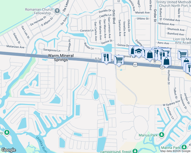 map of restaurants, bars, coffee shops, grocery stores, and more near 200 El Prado in North Port