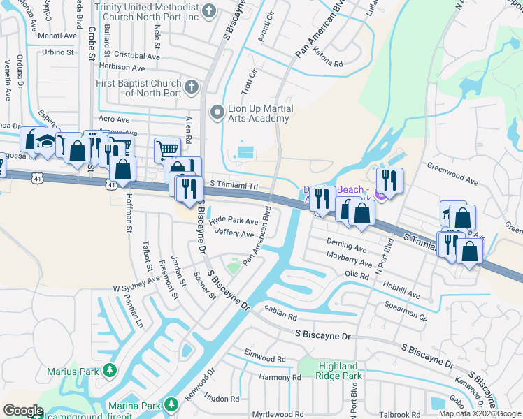 map of restaurants, bars, coffee shops, grocery stores, and more near in North Port