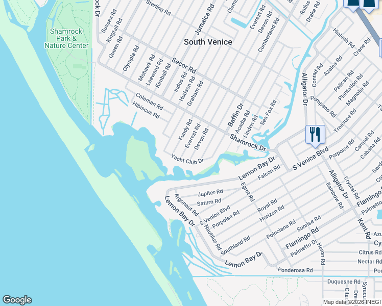 map of restaurants, bars, coffee shops, grocery stores, and more near 1399 Devon Road in Venice