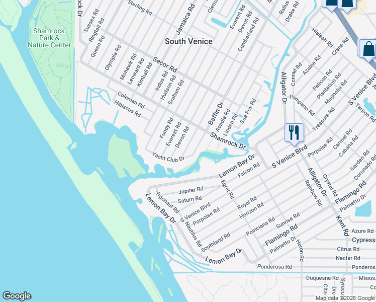 map of restaurants, bars, coffee shops, grocery stores, and more near 1399 Devon Road in Venice