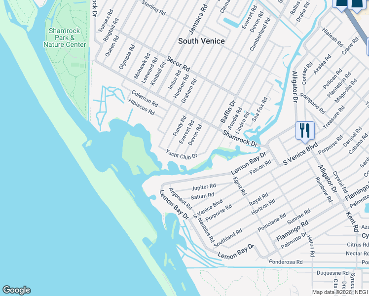 map of restaurants, bars, coffee shops, grocery stores, and more near 1399 Devon Road in Venice
