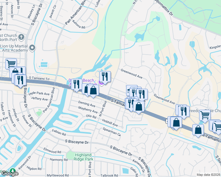 map of restaurants, bars, coffee shops, grocery stores, and more near in North Port