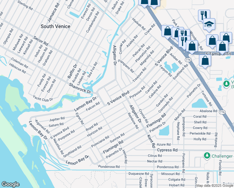 map of restaurants, bars, coffee shops, grocery stores, and more near 815 Treasure Road in Venice