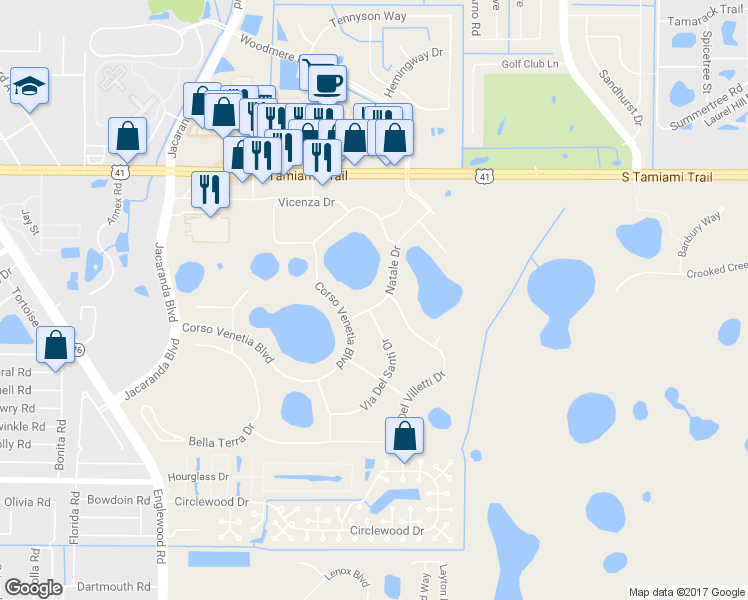 map of restaurants, bars, coffee shops, grocery stores, and more near 4358 Natale Drive in Venice