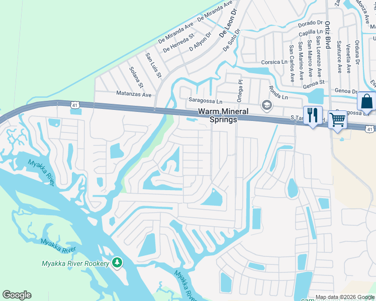 map of restaurants, bars, coffee shops, grocery stores, and more near 351 Mariner Drive in North Port