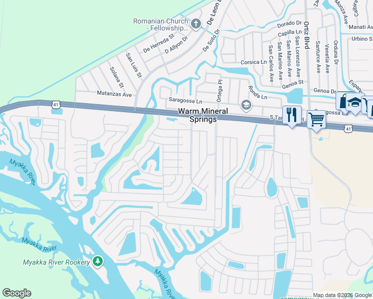 map of restaurants, bars, coffee shops, grocery stores, and more near 269 Captains Court in Venice