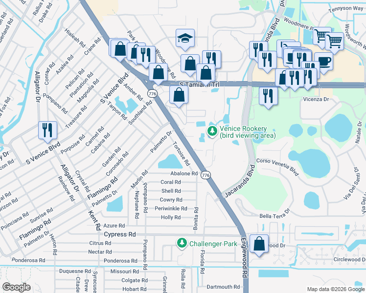 map of restaurants, bars, coffee shops, grocery stores, and more near 4361 Tortoise Road in Venice