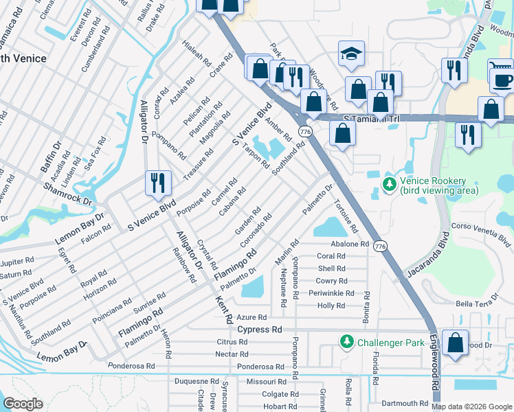 map of restaurants, bars, coffee shops, grocery stores, and more near 327 Garden Road in Venice