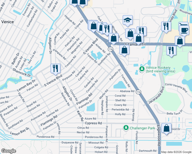map of restaurants, bars, coffee shops, grocery stores, and more near 327 Garden Road in Venice