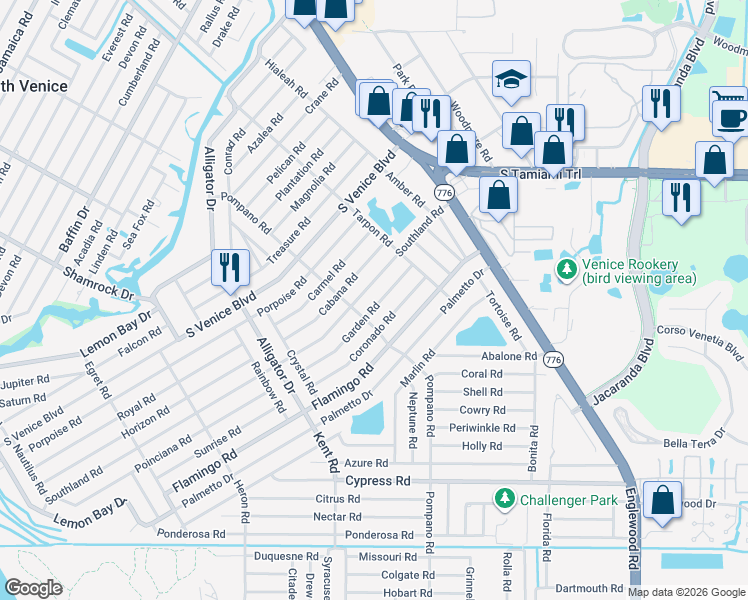 map of restaurants, bars, coffee shops, grocery stores, and more near 327 Garden Road in Venice