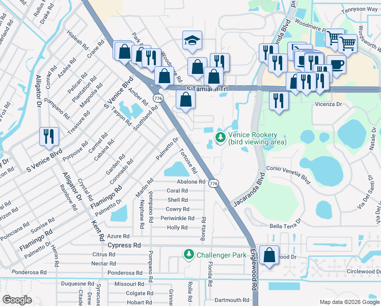 map of restaurants, bars, coffee shops, grocery stores, and more near 4361 Tortoise Road in Venice