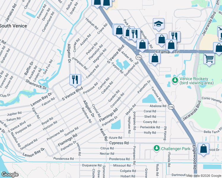 map of restaurants, bars, coffee shops, grocery stores, and more near 4397 Pompano Road in Venice