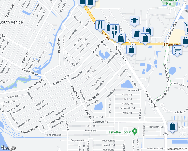 map of restaurants, bars, coffee shops, grocery stores, and more near 4397 Pompano Road in Venice