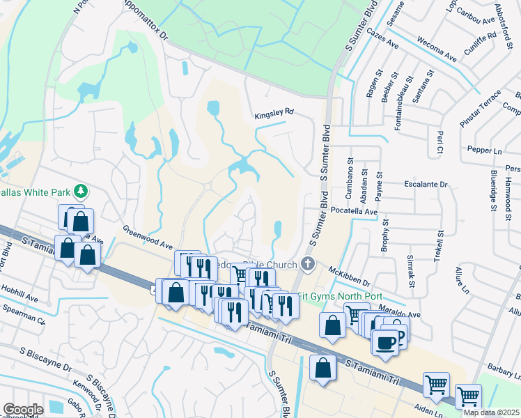 map of restaurants, bars, coffee shops, grocery stores, and more near 5364 Linksman Place in North Port
