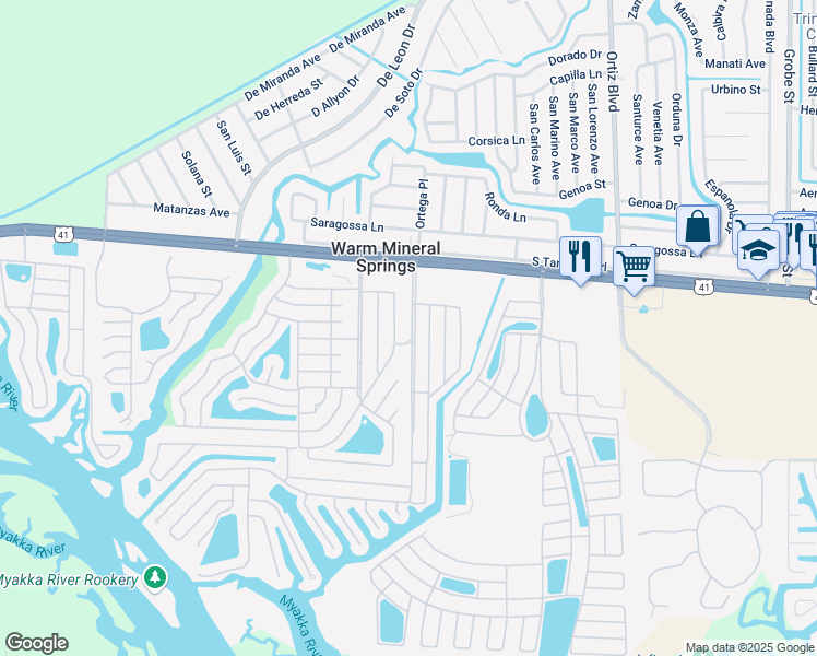 map of restaurants, bars, coffee shops, grocery stores, and more near 210 Trailorama Drive in North Port