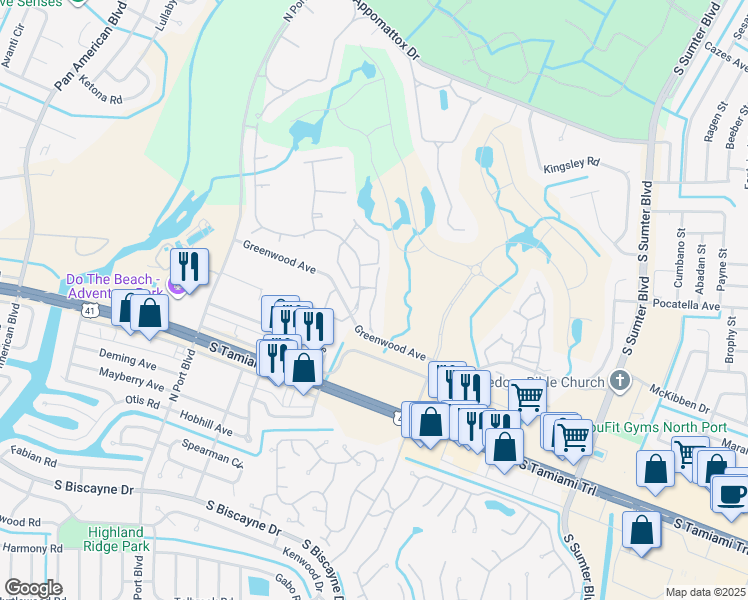 map of restaurants, bars, coffee shops, grocery stores, and more near 5800 Sabal Trace Drive in North Port