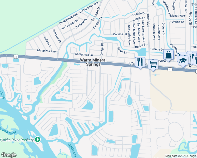 map of restaurants, bars, coffee shops, grocery stores, and more near 210 Trailorama Drive in North Port