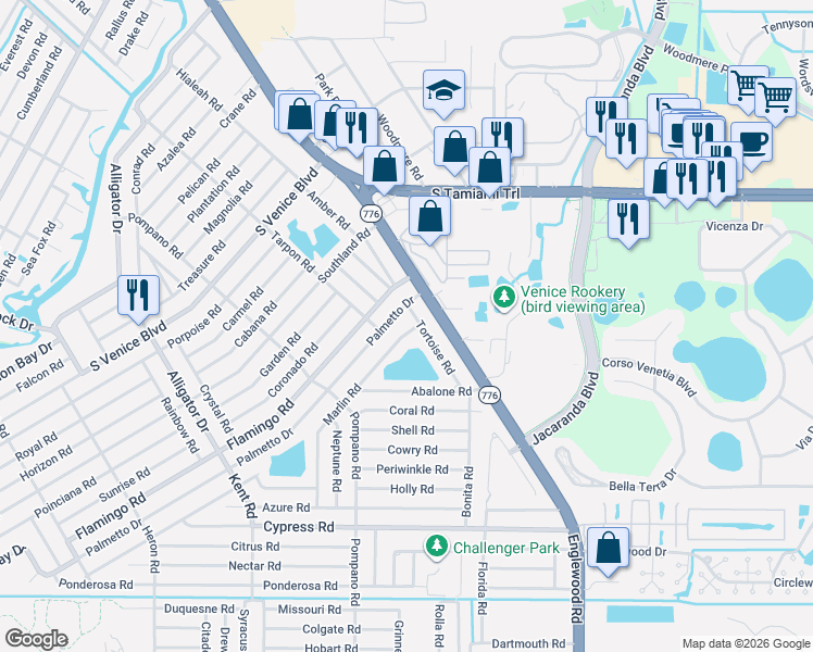 map of restaurants, bars, coffee shops, grocery stores, and more near 4361 Tortoise Road in Venice