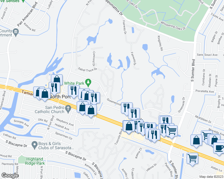 map of restaurants, bars, coffee shops, grocery stores, and more near 5992 Panorama Lane in North Port