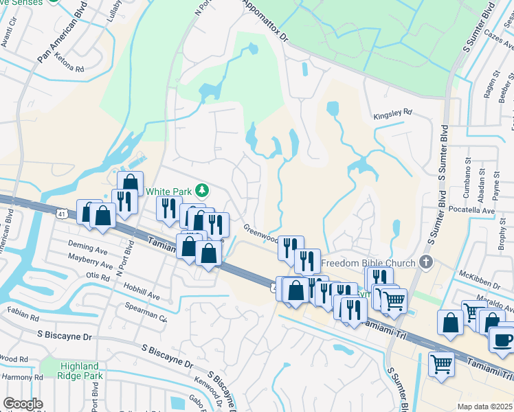 map of restaurants, bars, coffee shops, grocery stores, and more near 5992 Panorama Lane in North Port