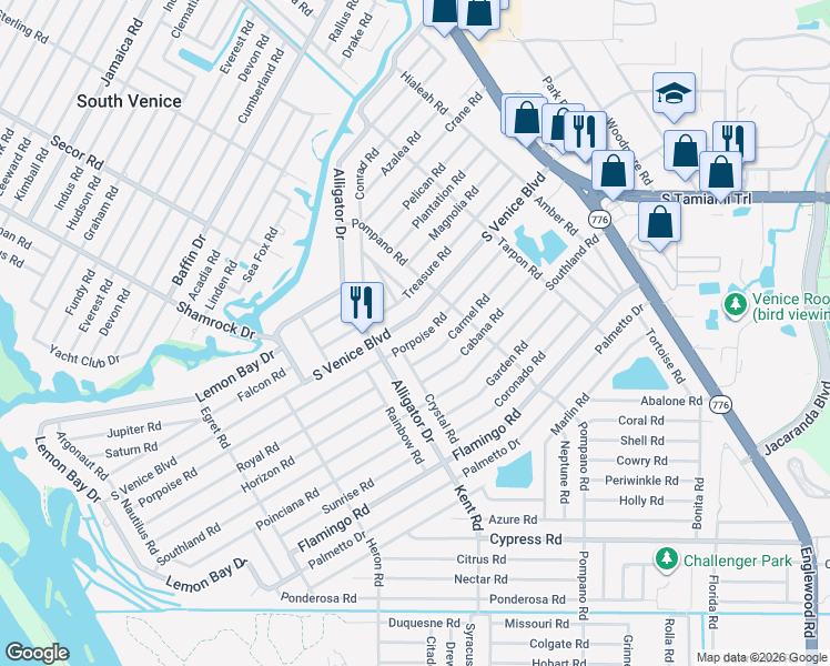 map of restaurants, bars, coffee shops, grocery stores, and more near 640 Porpoise Road in Venice