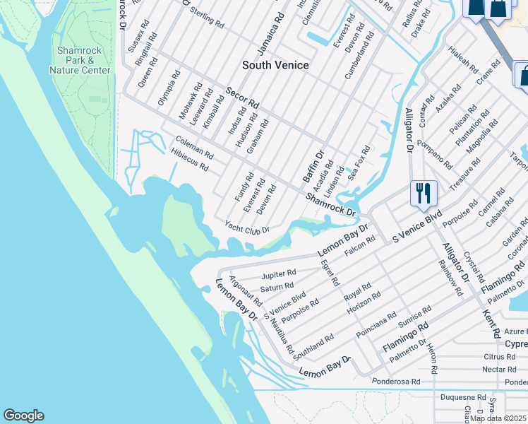map of restaurants, bars, coffee shops, grocery stores, and more near 1399 Devon Road in Venice