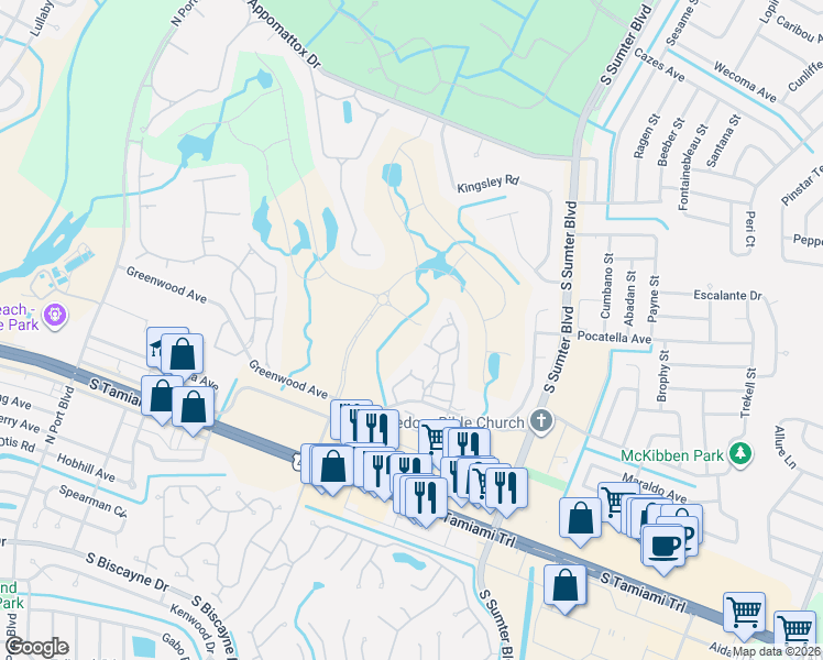 map of restaurants, bars, coffee shops, grocery stores, and more near 5457 Linksman Place in North Port