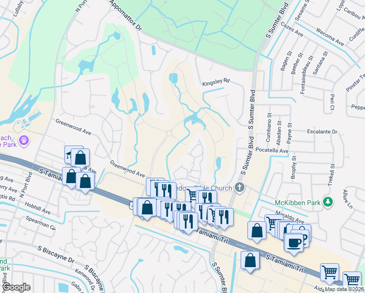 map of restaurants, bars, coffee shops, grocery stores, and more near 5457 Linksman Place in North Port