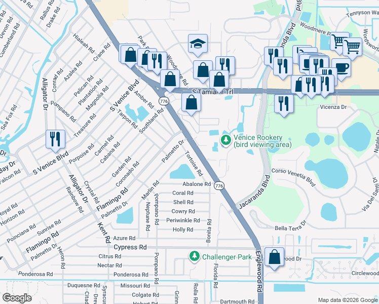 map of restaurants, bars, coffee shops, grocery stores, and more near 4361 Tortoise Road in Venice