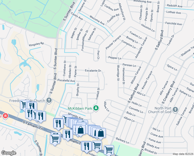 map of restaurants, bars, coffee shops, grocery stores, and more near 4282 Pocatella Avenue in North Port