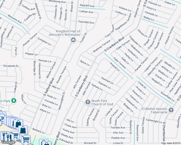 map of restaurants, bars, coffee shops, grocery stores, and more near 4220 South Cranberry Boulevard in North Port