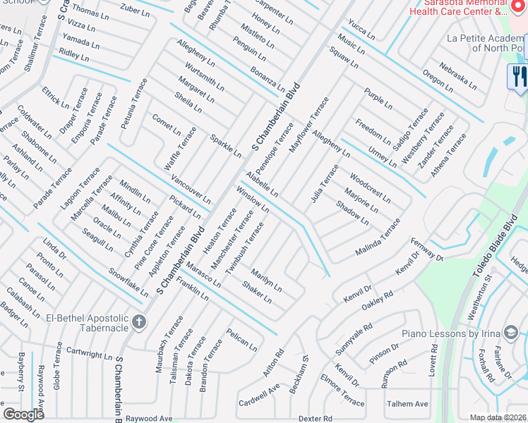map of restaurants, bars, coffee shops, grocery stores, and more near 4009 Feather Terrace in North Port
