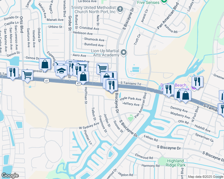 map of restaurants, bars, coffee shops, grocery stores, and more near 14275 Tamiami Trail in North Port