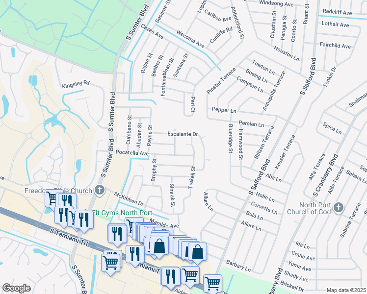 map of restaurants, bars, coffee shops, grocery stores, and more near 4282 Pocatella Avenue in North Port