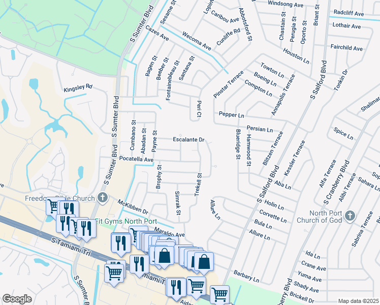map of restaurants, bars, coffee shops, grocery stores, and more near 4282 Pocatella Avenue in North Port