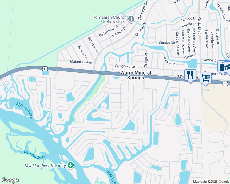 map of restaurants, bars, coffee shops, grocery stores, and more near 351 Mariner Drive in North Port