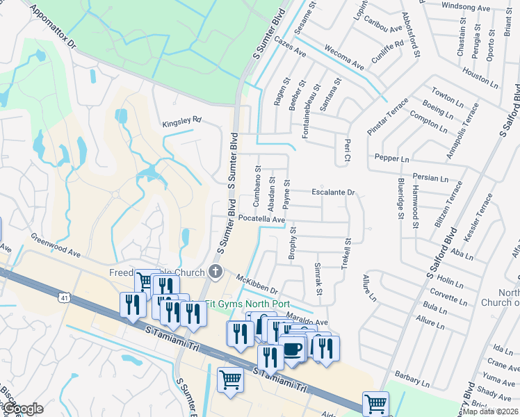 map of restaurants, bars, coffee shops, grocery stores, and more near 4762 Pocatella Avenue in North Port