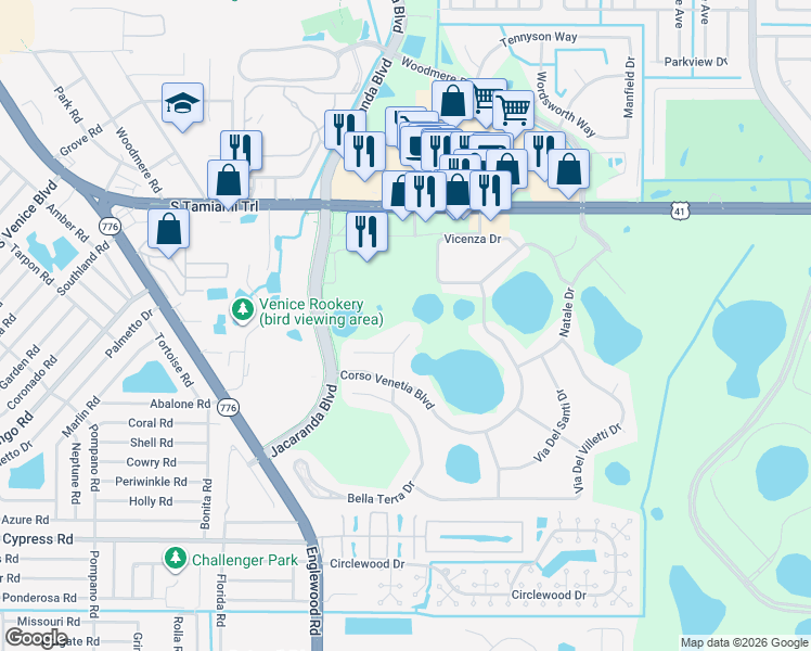 map of restaurants, bars, coffee shops, grocery stores, and more near 4550 Cancello Grande Avenue in Venice