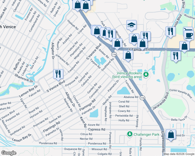 map of restaurants, bars, coffee shops, grocery stores, and more near 327 Garden Road in Venice
