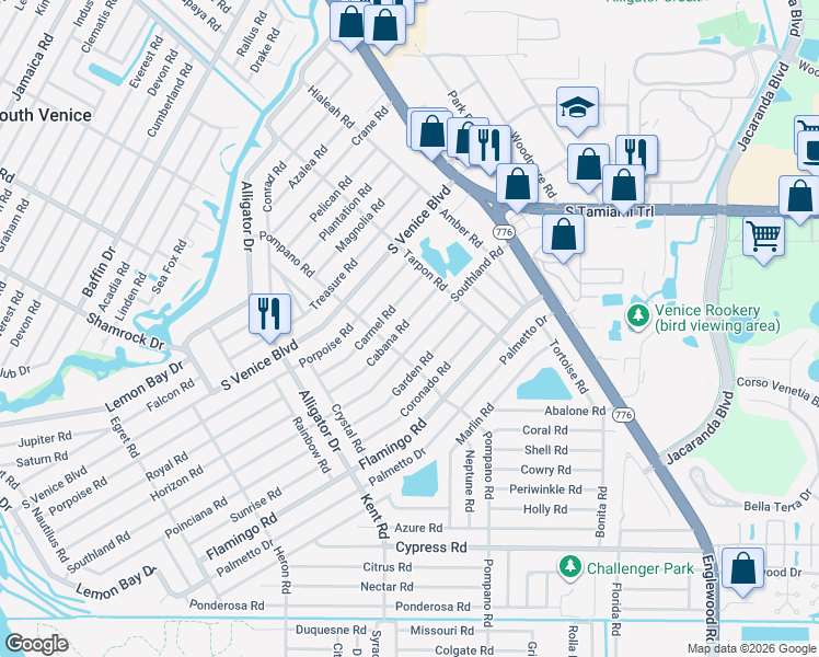 map of restaurants, bars, coffee shops, grocery stores, and more near 385 Cabana Road in Venice