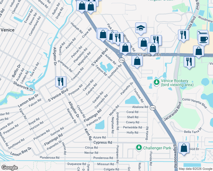 map of restaurants, bars, coffee shops, grocery stores, and more near 280 Garden Road in Venice